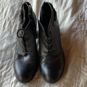 Black leatherette stack heel booties